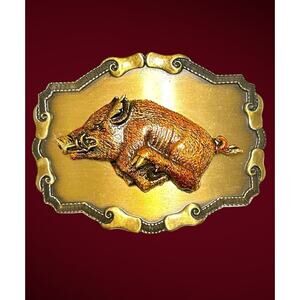 Vintage Raintree Wild Boar Belt Buckle Razorback Hog Brushed Brass Arkansas